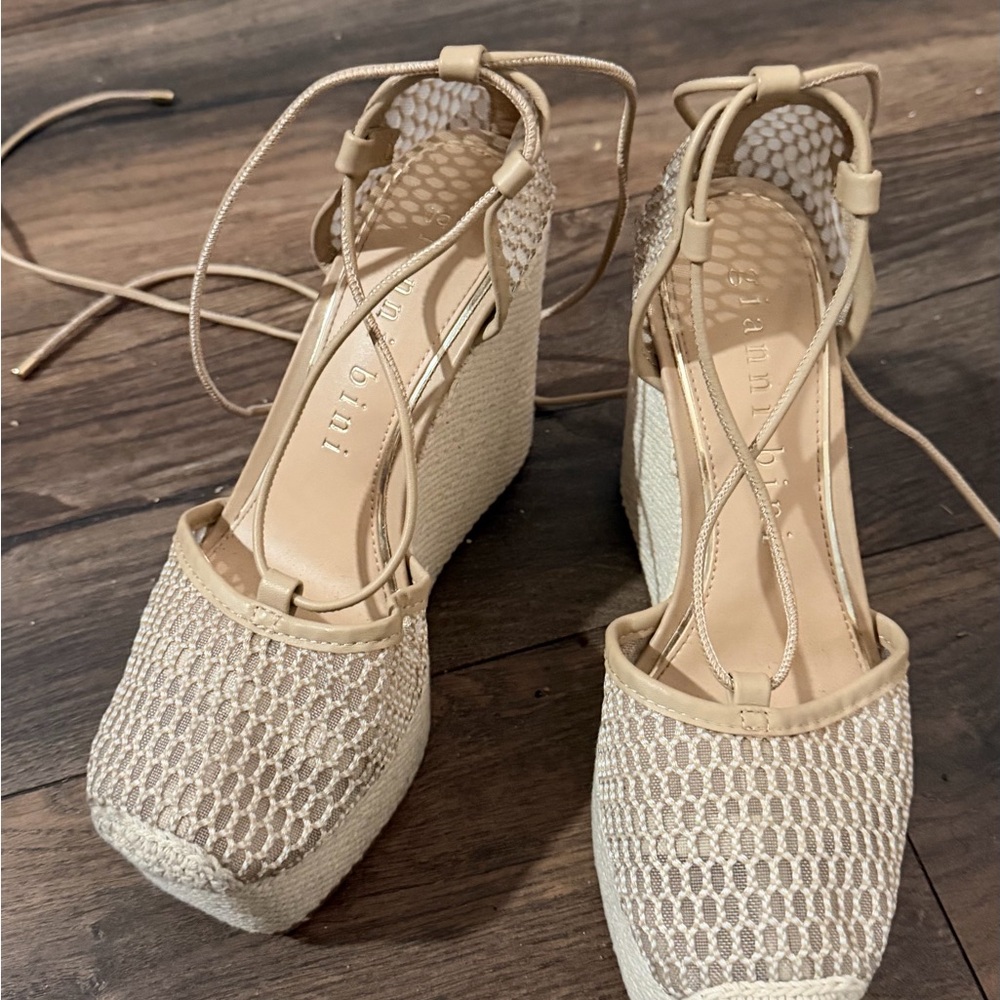 Sam Edelman Beige Lace-Up Platform Wedges